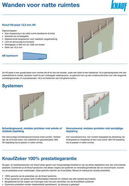 Knauf Gipsplaat H2 AK Waterwerend 12,5mm-298003