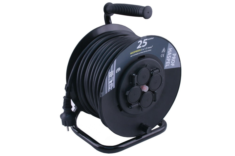 Q-link Kabelhaspel Prof 3x1,5 Neopreen SWD Vaste Contactdoos Zwart/Geel 25 meter-565263