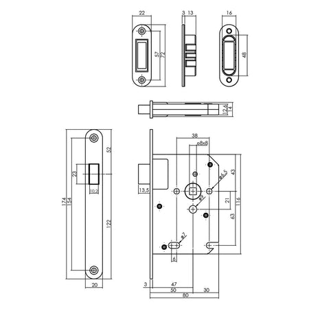 Intersteel Woningbouw Magneet Loopslot Voorplaat Afgerond RVS 20x174 Doornmaat 50mm Incl. Sluitplaat/kom-759686