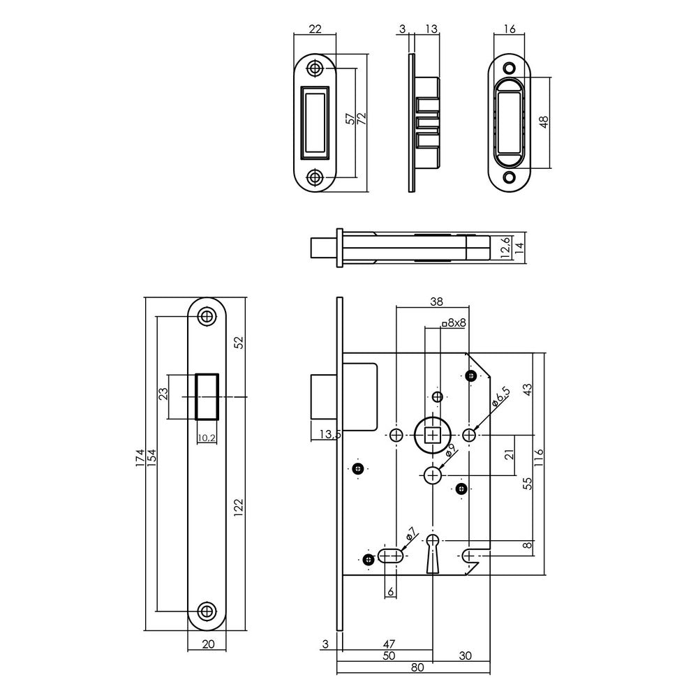 Intersteel Woningbouw Magneet Klavier Dag- en Nachtslot 55mm Voorplaat Afgerond RVS 20x174 doorn 50mm Incl. Sluitplaat/kom En 2 Sleutels-759687