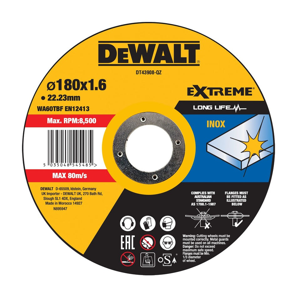 DeWALT Extreme 2X Doorslijpschijf RVS 180x1,6x22,2mm-856423