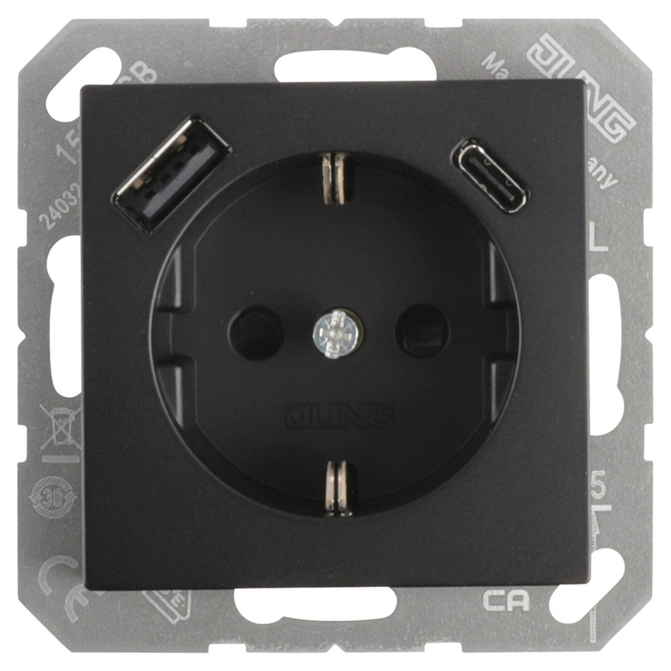 Jung A550 Inbouw Contactdoos 1-Voudig Randaarde USB A/C Mat Zwart-866233