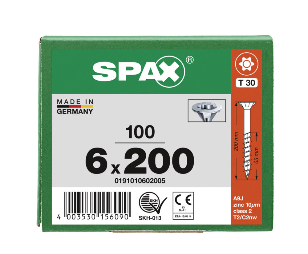 SPAX Universele Schroef Verzinkt VK 6x200mm Deeldraad T-STAR Plus T30 100st-918557